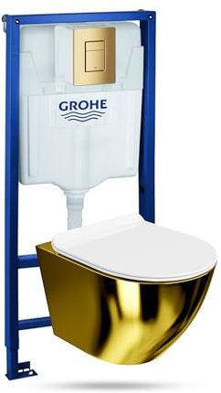 LAVITA Vorwandelement Solido + Wand Hänge WC Sofi Slim Gold/Weiß Spülrandlos + + WC Sitz mit Absenkautomatik Goldener Knopf Komplettset Unterputz Spülkasten Toilette Komplett Sett WC