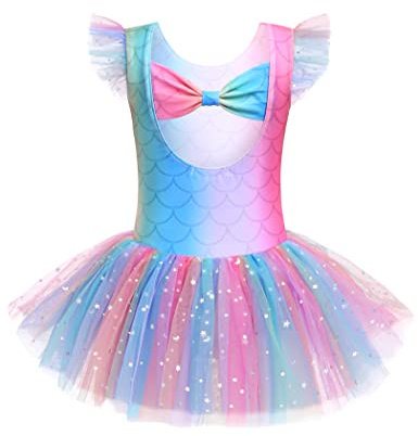 Arshiner Ballettkleidung Ballettkleid für Mädchen 2-10 Jahre Balletttrikot Tanzrock Kinder Ballett Tutu Kleid Kleinkind Glänzende Rüschenärmel Tanzkleidung Meerjungfrau 130