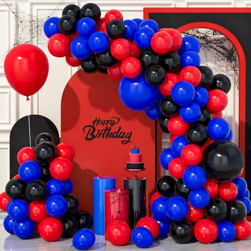 Teselife 141 Pezzi Kit Arco Palloncini Nero Rosso Blu, Kit Ghirlanda di Palloncini Blu Royal Nero Rosso per Compleanno Baby Shower Matrimonio Anniversario Carnevale Decorazioni per Feste Forniture