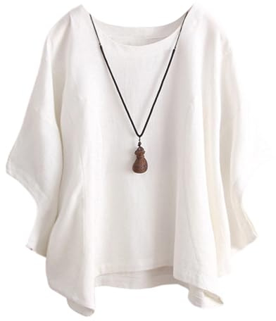ORANDESIGNE Lin Chemisier Femme en Coton Col Rond Manches Chauve-Souris Tops Unie Lâche Respirant T-Shirts Demi-Manches Casual Tunique Blouse Pas d'accessoires