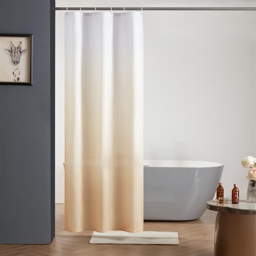 Furlinic Tenda da doccia sottile in tessuto di poliestere, resistente alla muffa, impermeabile, lavabile per doccia, piccola vasca da bagno bianca dopo il marrone crema, 90 x 180 cm, con 6 anelli per