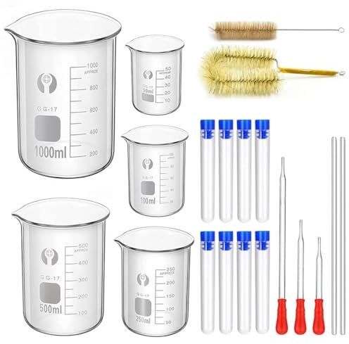 ZEEROQOLAB borosilikatglas bägare set, 5 stycken tjockt glas graderade bägarglas 1 000 ml, 500 ml, 250 ml, 100 ml, 50 ml med 8 provrör plast och 2 tvättborstar, 3 glaspipetter och 2 glasstavar
