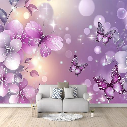 Papier Peint Murale Intissé Panoramique Papillon Fleurs Violettes 250 x 175 cm, Papier Peint Personnalisé pour Garçon Fille Ado Chambre Salon Décor, Generic