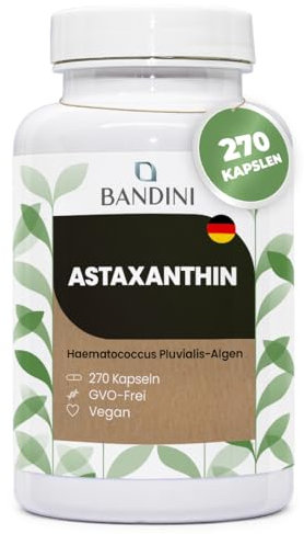 Bandini® Pure Astaxanthin 270 Kapseln, 9 Monate Vorrat (1 Kapsel pro Tag), Alge Haematococcus Pluvialis - Natürliches Astaxanthin, frei von Magnesiumstearat, GMO-frei