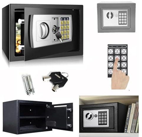 Mini Tresor für Zuhause 8.5L Tresor Feuerfest Wasserdicht Elektro Safe Mit Notschlüssel Home Office Safe Wandmontage Für Bargeld Medikamente Schmuck, Schwarz-8.5L