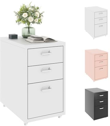 FLEXISPOT Rollcontainer Büroschrank mit 3 Schubladen, Aktenschrank Metallschrank Kommode mit Rädern, Schreibtisch Unterschrank für Zuhause und Büro (Weiß)