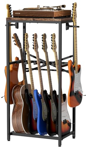 storenization Guitar Stand for Multiple Guitars, Guitar Rack for Acoustic Guitar, Electric Guitar, Bass and Ukulele, Rustic Guitars Display Stand with 2 Guitar Hangers, Gold