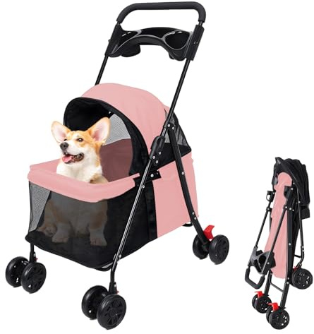 kamulouk Poussette pour chien à 4 roues, poussette pliante pour animaux de compagnie, landau pour chien avec porte-gobelet, maille respirante et visible pour chiens de taille moyenne et petite (rose)