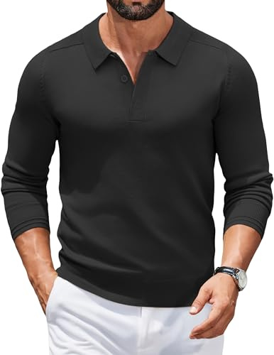 COOFANDY Maglione da Uomo con Colletto Polo Maglione Lavorato a Maniche Lunghe Business Maglioni Casual Pullover Slim Fit Tinta Unita Nero XXL
