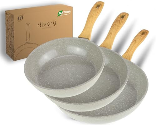 DIVORY Set de poêles en céramique 20, 24, 28cm - Poêles avec revêtement céramique, induction, sans PFAS & PTFE, résistantes au four & au lave-vaisselle (Natura, 20, 24, 28 cm)