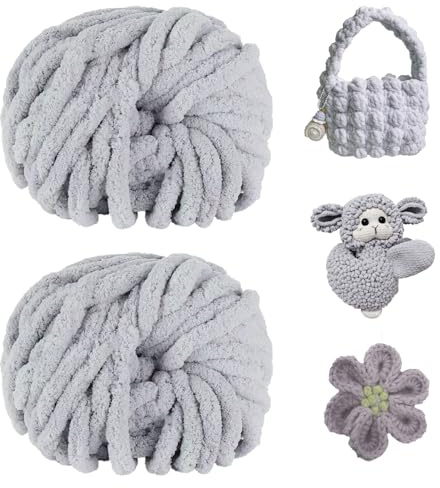 Dicke Wolle Garn, 250g x 2 Soft Chenille Chunky Yarn, Armstricken Wolle für Häkeln Decke, Schals, Mützen, Decken, Zierkissen (Hellgrau)