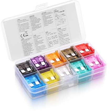 ELFJMZP 100PCS Kit de fusibles medianos para coche - 2A-35A 10 tipos (2A/3A/5A/7.5A/10A/15A/20A/25A/30A/35A) Fusibles de cuchilla para encendido/faros/AC, codificados por color con caja de almacenamie
