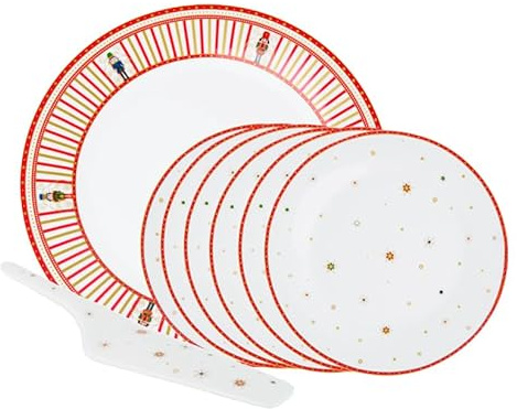 Villa Altachiara Piatti Natalizi, Servizio da 6 Persone, Piatti Natale, Set per Dolce in Porcellana, 8 Pezzi con Piatto Grande e Paletta per Servire – Idea Regalo Natale per la Tavola delle Feste