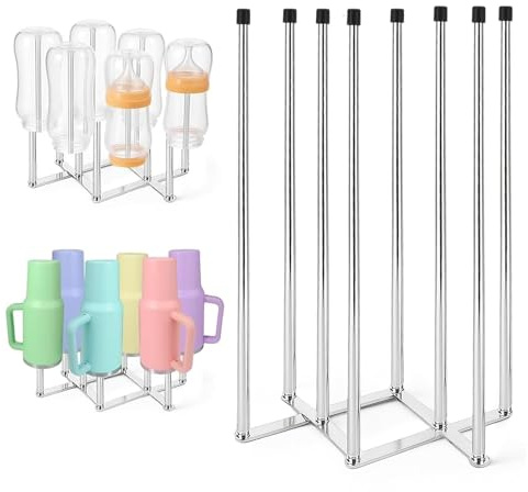 KOSLEOW Egouttoir à Bouteilles et Biberons, Support de Séchage en Acier Inoxydable, 8 Tiges avec Capuchons en Silicone, Base Pliable, Égouttoir Vaisselle et Porte Gourde