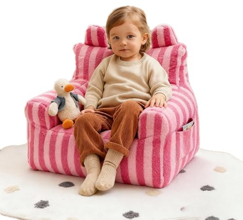 oyptmsh Sillón puf para niños con Espacio de Almacenamiento | Sofá sillón Infantil de Felpa con Relleno Incluido | Funda Suave Lavable a máquina | Asiento Ligero para el Suelo (Pink Stripes)