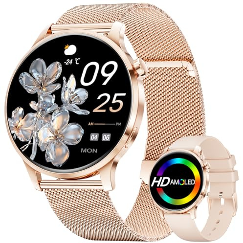 SUNKTA Smartwatch dam, 1,32 tum HD AMOLED display fitnessklocka med telefonfunktion, eleganta damarmbandsur för iOS Android, 100+ sportlägen sportklocka, pulsklocka, sömnmonitor, damklocka, 2 armband