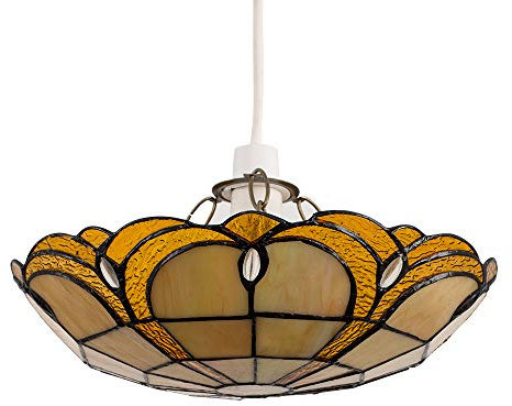 MiniSun | Tiffany Style Amber Jewelled Glass Uplighter Design Ceiling Light Shade | Pendant Lights, Home Décor & Improvement Essential | Includes 6W LED Bulb [3000K Warm White] | 300mm Shade Width