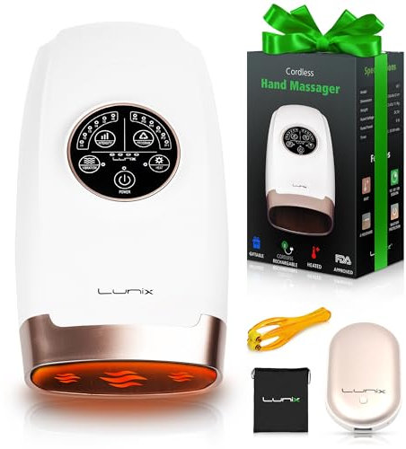 Lunix Cordless Electric Hand Massager with Compression - 6 Levels Pressure Point Therapy Massager for Arthritis, Pain Relief, Carpal Tunnel and Finger Numbness - Shiatsu Massage Machine with Heat