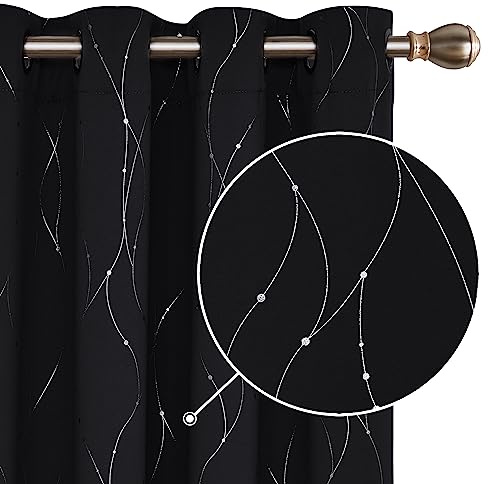 Deconovo Home Decoration Dotted Line Foil Printed Blackout Curtains Energy Saving Thermal Insulated Eyelet Room Darkening Curtains for Doors 66 x 54 Inch Black 2 Panels