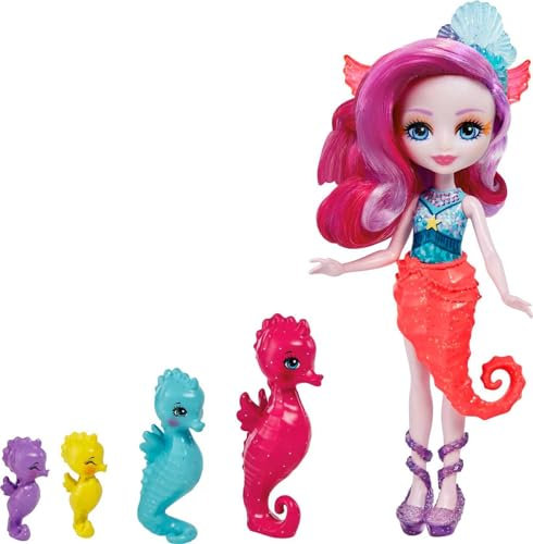 Enchantimals HCF73 - Royal Sedda Seahorse Puppe, Mit 4 Seepferdchen Tierfiguren, Tolles Spielzeug Geschenk Für Kinder Ab 3 Jahren, Multicolour, Ca. 15 cm