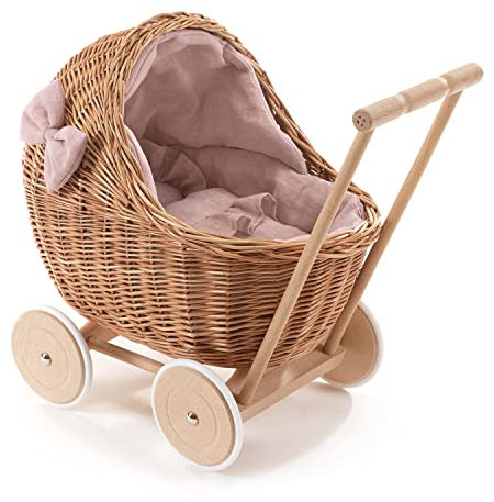 e-wicker24 DESAYER PUPPENWAGEN AUS WEIDE MIT LEINEN BETTWÄSCHE, Spielzeug AUS WEIDEN, NATÜRLICHE KINDERSPIELZEUG, EIN Geschenk FUR Kinder (Rosa), 48x28 H47