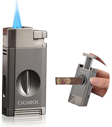 CIGAROL Feuerzeug, 2 in 1 Sturmfeuerzeug, 2 Jet Flamme Zigarrenfeuerzeug mit Zigarrenschneider V - Enthält kein Gas, Tolle Geschenke für Männer (Grau)