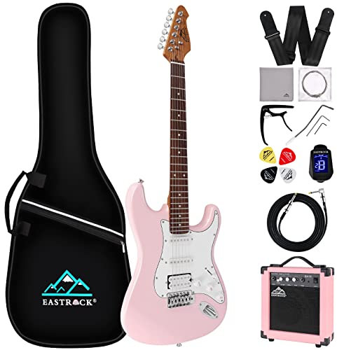 EASTROCK E Gitarre Set, E Guitar 39 Zoll,Elektrogitarre mit Verstärker 10 Watt, Gitarrentasche, Plektrum, Gurt, Instrumentenkabel, Ersatzsaiten, Geeignet für Anfänger und Profi-Künstler,Rosa