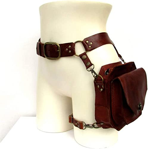 Riñonera medieval renacentista de piel sintética estilo gótico, bandolera de piel sintética, para muslo, cadera, senderismo, deporte, con cadena, para mujeres y hombres, Marrón, Medium to Large