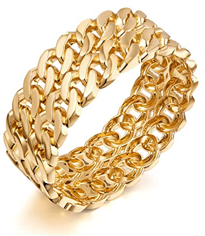WOWORAMA Chunky Gold Bangle Bracelets for Women Statement Cuban Link Chain Bangle Bracelets Thick Wide Open Hinged Cuff Bangle Bracelets - Double Layers Chain