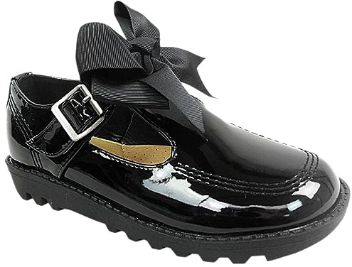 Girls Back to School Shoes Kids Children Ladies Womens Mary Jane Pumps Slip On Bow Flat Low Loafers Ballerina Dolly Pump Work Office Geek Formal Casual Flat T Bar Grip Shu (Bow Court Patent, 6)