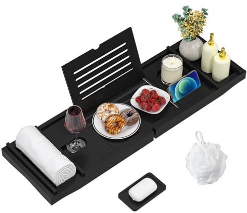 EXABANG Bandeja de Baño, Tabla Bañera de Bambú Ajustable, 75-109 * 23 * 4,5cm, se Adapta a la Mayoría de Bañeras, Accesorios baño Madera para iPad, Libros, Teléfono, Vidrio (Negro)