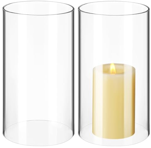 UKCOCO 2 Stück Glaszylinder ohne Boden (Ø 8cm x 15cm) - Hitzebeständiges Borosilikatglas Windlicht für Kerzen Transparent - Offener Kerzenhalter Glas Lampenschirm Ersatzglas für Hochzeit & Tischdeko