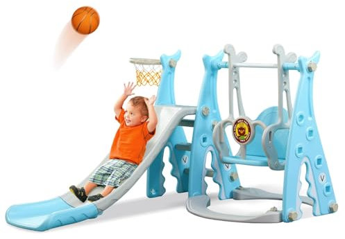 Toboggan Intérieur 4 en 1 avec Balançoire pour Les 1-5 Ans - Aire de Jeux pour Tout-Petits et Bébé - Pour Chambre d'Enfant et Jardin (Bleu)