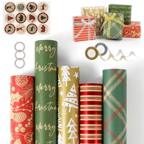 5 Rouleaux Papier D'Emballage De Noël, 43cm×300cm Recyclable Kraft Papier Emballage Noël avec Motifs Fins pour Emballage Cadeau de Fête de Noel,Emballage des Papier Cadeaux de Noel Rouge Vert