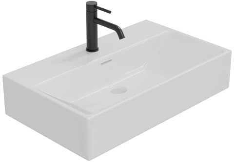 HAGO24 | Waschbecken Keramik eckig 605x365x130mm | Überlaufschutz | Aufsatzmontage | Wandmontage | weiß | kratzfest | Bad | pflegeleicht | modernes Design