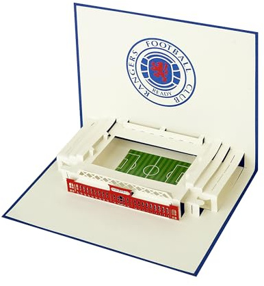 Rangers FC 3D Pop-up födelsedagskort, Rangers FC, 3D pop up-stadion inuti, Ibrox Stadium stadion kort. Perfekt för gratulationskort, födelsedagsinbjudningar och unika fotbollspresentkort.