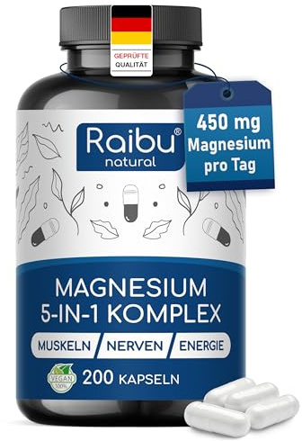 Magnesio Completo - Complex 5 in 1: Bisglicinato, Citrato, Malato, Carbonato e Ossido - 450 mg di magnesio elementare - Stanchezza e Fatica* - 200 Capsule, Senza OGM, vegano, ad alto dosaggio