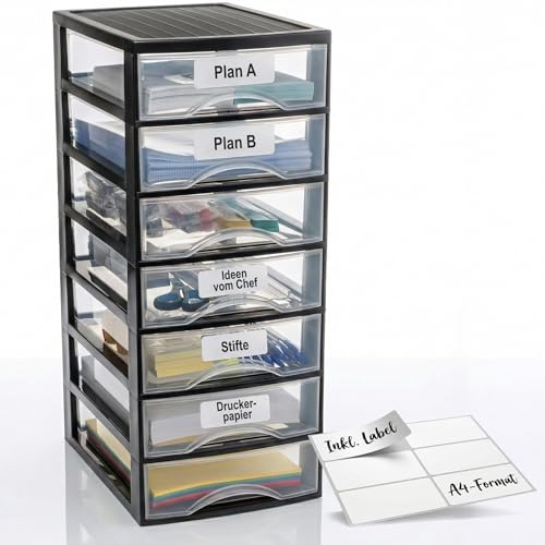 Hausfelder Schubladenbox A4 mit 7 Schubladen inkl. Aufkleber, Schubladenturm Box aus Kunststoff für Schreibtisch, Büro, Kleiderschrank, Ablage Organizer Schwarz Transparent