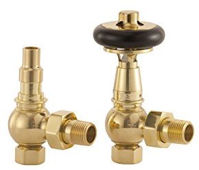 UK-28 Ab Arroll traditional thermostsic radiator valve in Antiqe brass with FSC certified black wooden wheel head & lockshield