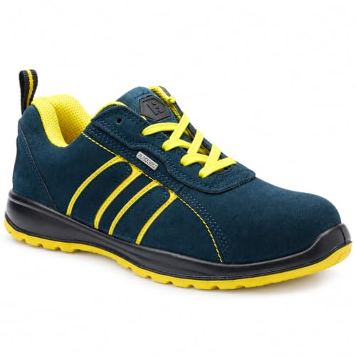 Blackrock Hudson Steel Toe Cap Safety Shoes, Size 4 | Mens and Womens, Workwear, Non Slip, Wide Fit Trainers, Suede, Blue/Yellow, Lightweight Safety Shoes