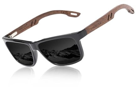 KINGSEVEN Design Holz Polarisierte Rechteckige Sonnenbrille für Herren, Walnuss-Holzrahmen Verspiegelte Brille zum Fahren W5508 (Schwarz)