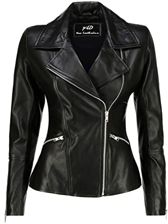 Jild Women's Asymmetrical Zip-Up Real Lambskin Leather Motorcycle Jacket - Casual Fashion Moto Biker Leather Jacket Women (BW-Blk-M)
