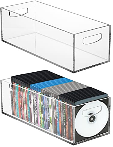 Frcctre 2 Pack Acrylic DVD/CD Storage Box, Clear DVD Holder Case with Handles Holds 27 pcs, Stackable Storage Container Shelf Organizer Bin for CDs, Video Games, Blu-ray, Books, Home, Office