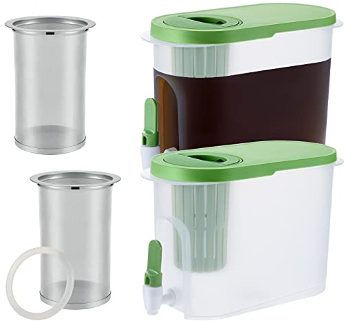 Gerrii 2 Pcs Cold Brew Maker, 1 Gallon Plastic Beverage Dispenser with 2 Filters, Drink Dispenser for Fridge, Cold Brew Pitcher with Spigot, Container for Juice, Water, Tea(Green)