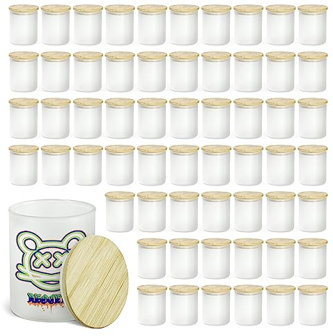 AGH 10oz Sublimation Glass Tealight Candle Holder with Bamboo Lids,50 Pcs Frosted Candle Jars Blanks Candle Vessels for Hand Candle Making, for Wedding Party Decorations, Home Table Decor.