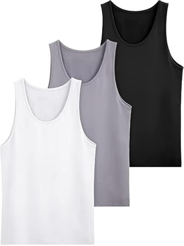 ZRWASKA® Mens Vest Tops Summer Multipack - Sleeve-Less Plain Undershirts Out Door Summer Top Everyday Athletic wear Workout Shirts, Men's Cotton Vests Tank Tops White Black Grey (Pack 3) Size XL