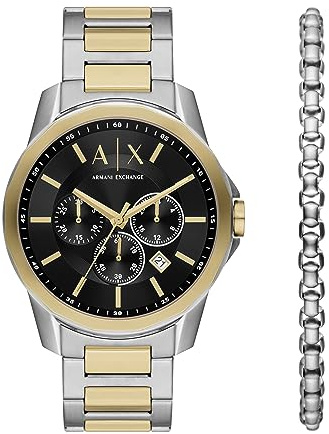 A|X Armani Exchange Chronograph Dress Watch for Men with Stainless Steel, Silicone or Leather Band, Two Tone/ Silver Bracelet Set, Banks