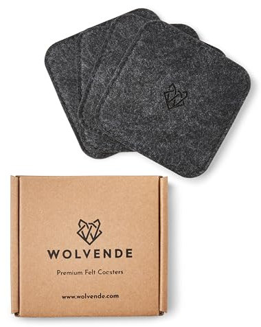 Wolvende Premium Felt Drink Coasters | Square Dark Grey Set of 4 | 10 x 10cm | Absorbent & Non-Slip, Ideal for Home & Office Desks