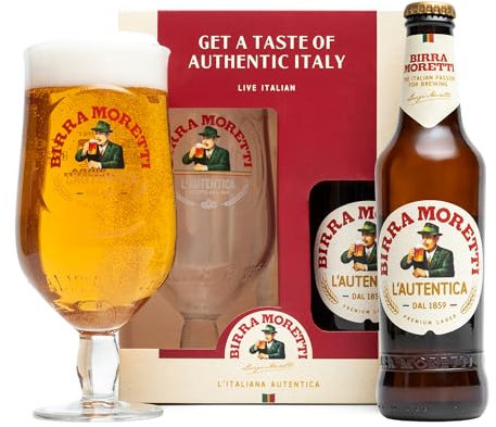 Beer Gifts For Men - Birra Moretti 330ml Bottle 4.5% ABV & Premium Glass - Official Licensed Lager Gift Set, Birthday Gifts for Men, Hamper Presents for Him, Alcohol Gift Sets, Valentines Day