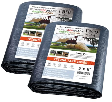 Tarps Heavy Duty Waterproof 5x8ft,TEZONG Black Poly Tarp 12MIL Multipurpose Tarpaulin Outdoor Cover for Emergency Rain,Patio Furniture,Roof,Camping,Car,Pool 2Pack